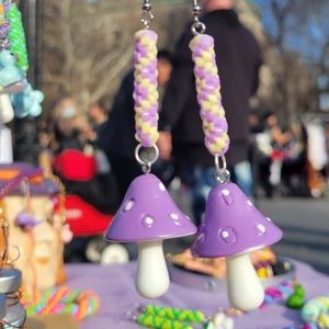 Yellow Purple Zigzags w Mushroom Charms - Handmade Lanyard / Scoobidou Earrings